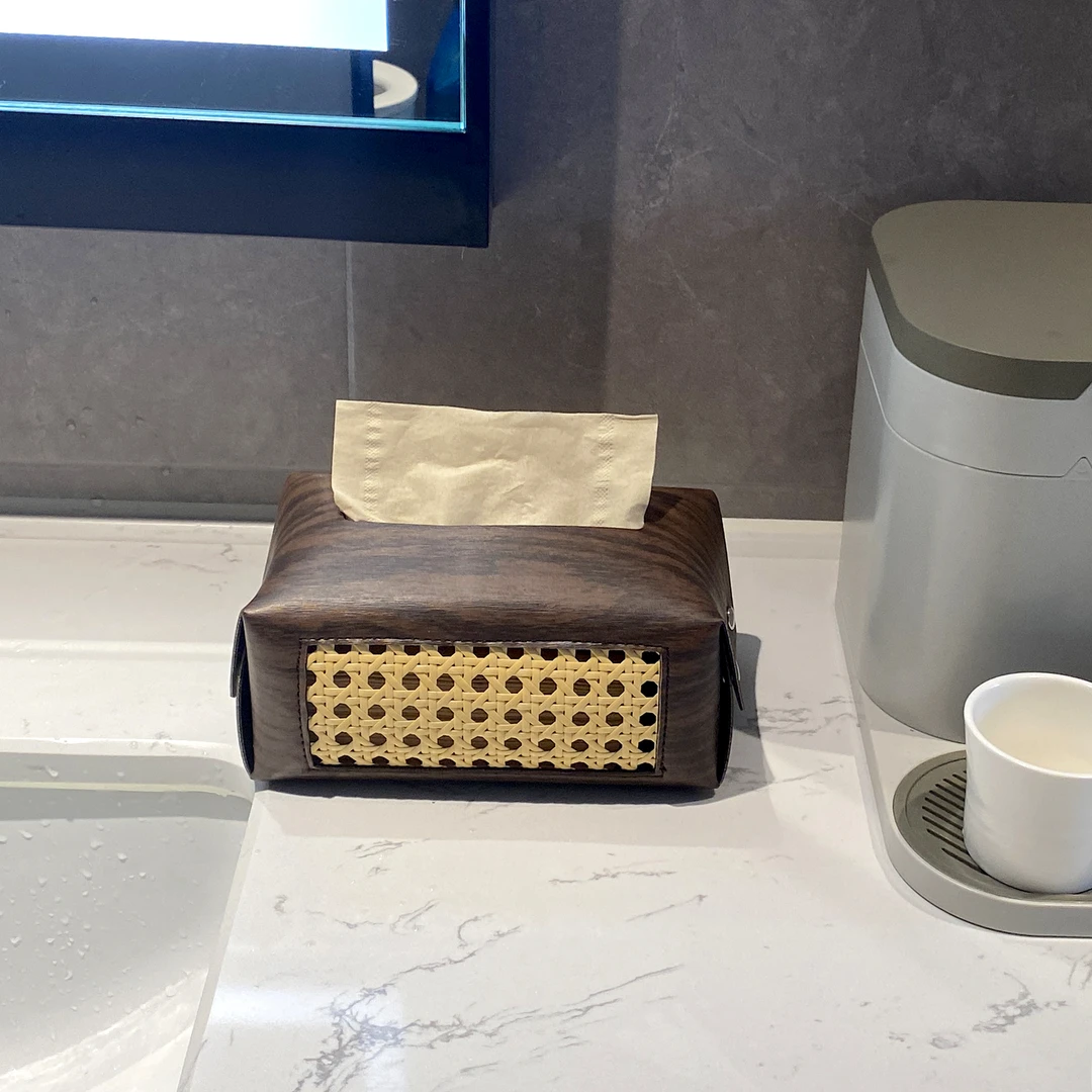 复古木纹藤编抽纸盒高颜值简约家居纸巾盒轻奢桌面茶几纸盒客厅
