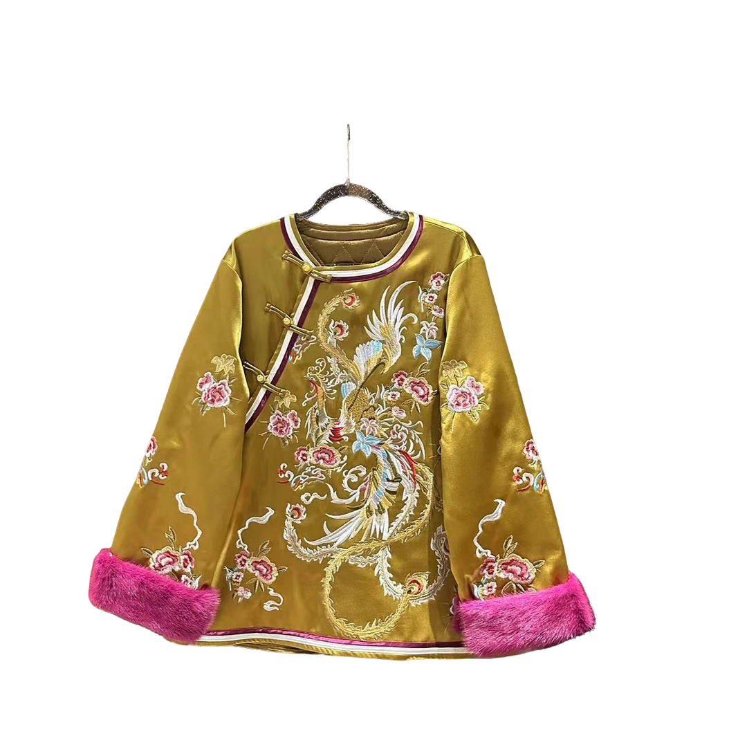 905#新款加棉冬季新中式《凤鸣》长袖百搭圆领网红时尚斜襟重工刺绣