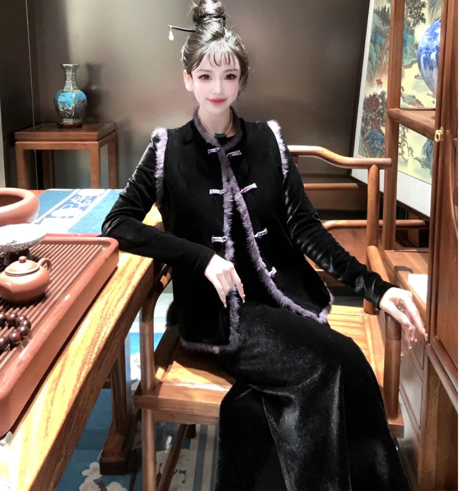 860#新款秋冬马甲加棉复古新中式时尚中国风百搭黑色显瘦宽松女