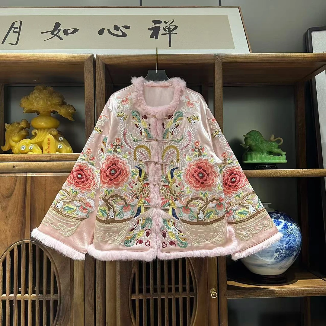 9513#新中式《繁花似锦》新款国风时尚夹棉中长款重工刺绣外套