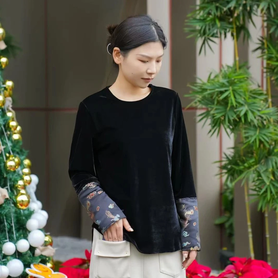 【潇湘甄选】香云时尚 气质优雅丝绒上衣打底衫秋冬款  23F1008