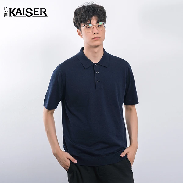 【100%山羊绒】可机洗翻领精纺针织短袖男款百搭时尚休闲