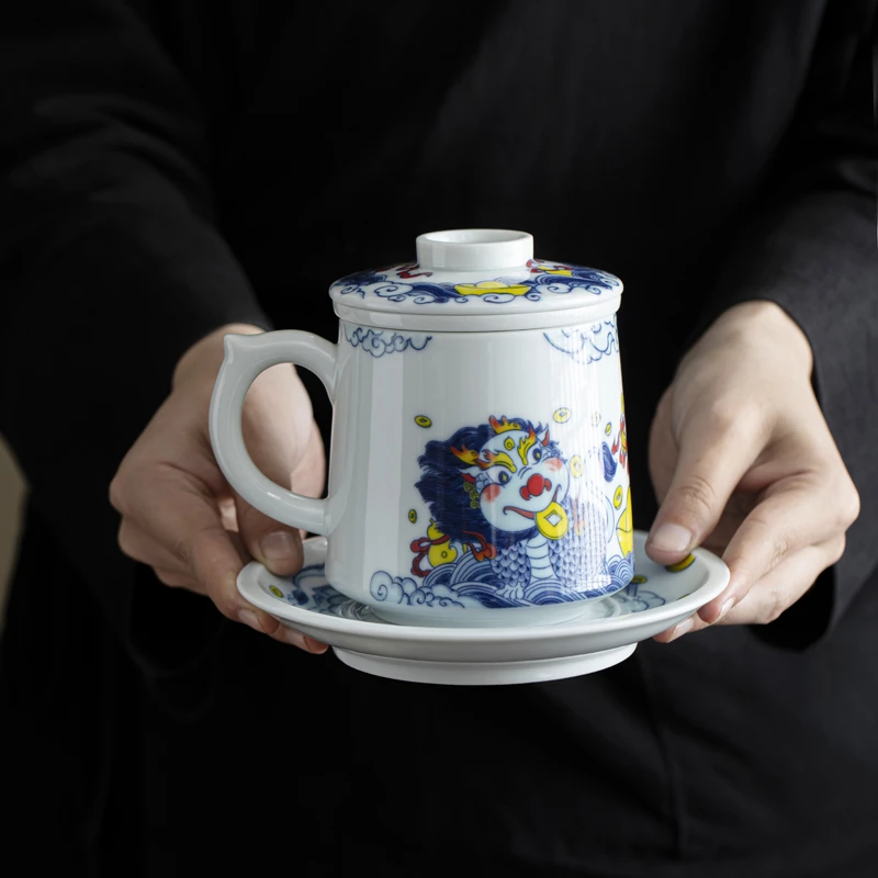 麒麟献宝茶水分离办公室泡茶杯陶瓷带盖过滤办公杯男女个人专用