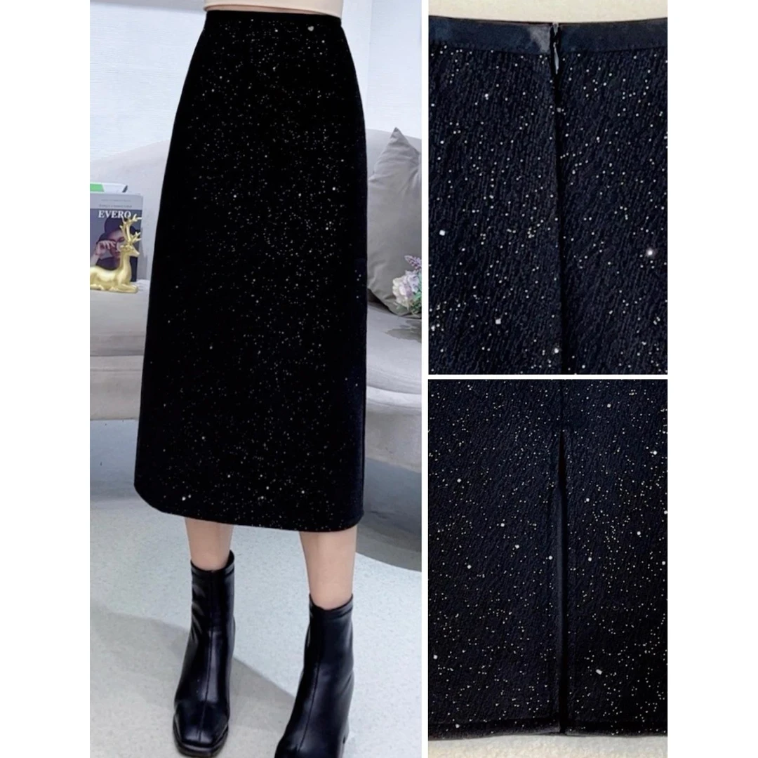 A7666+A7689小香风亮片半身裙女新款中长款一步包臀裙