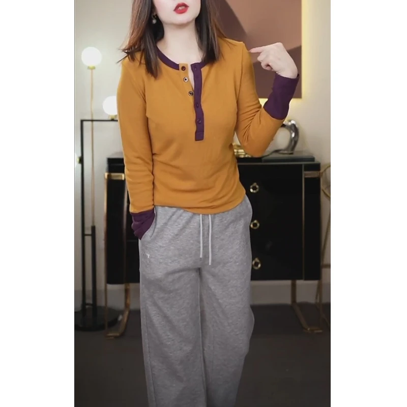 秋冬新款拼色长袖T恤女2024半开领时尚气质宽松百搭打底衫上衣潮