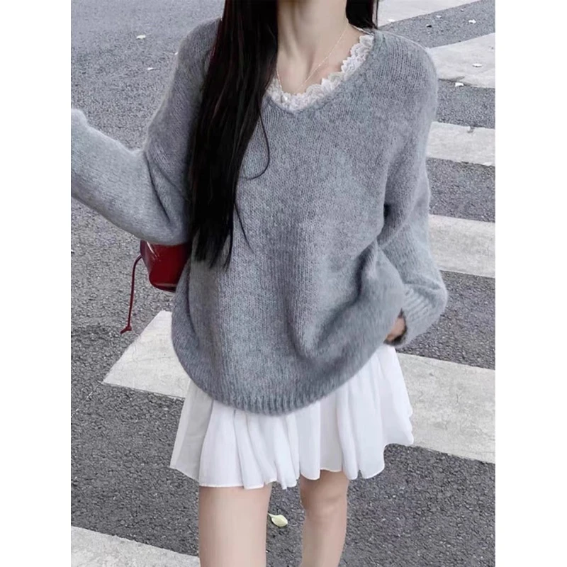 韩系灰色蕾丝拼接V领针织衫毛衣女2024早秋季新款高级感宽松上衣