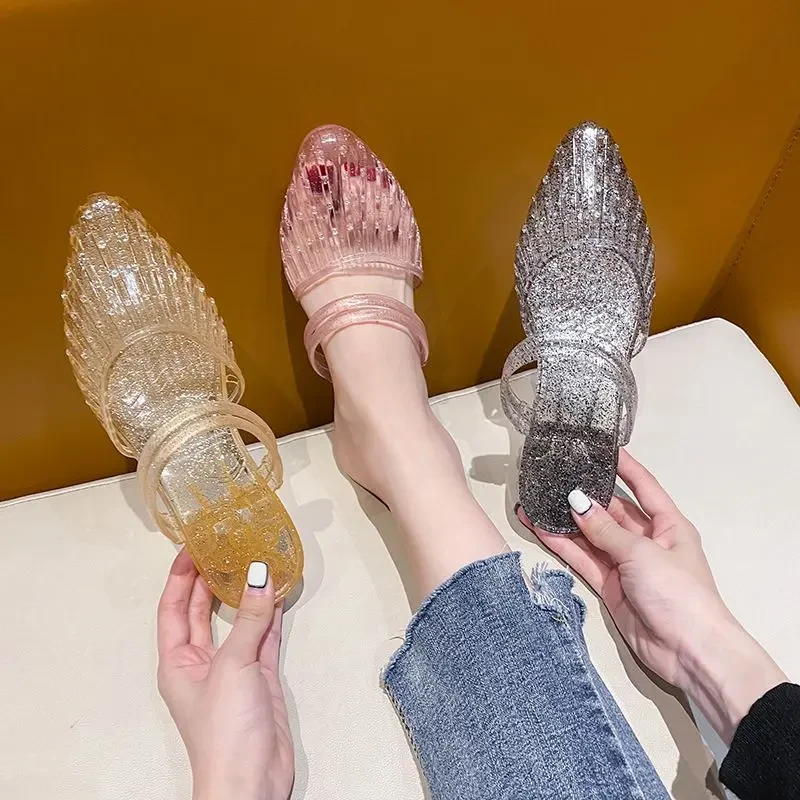 夏季水晶凉鞋洋气外穿轻便坡跟居家防滑速干两穿拖鞋女士妈妈鞋子