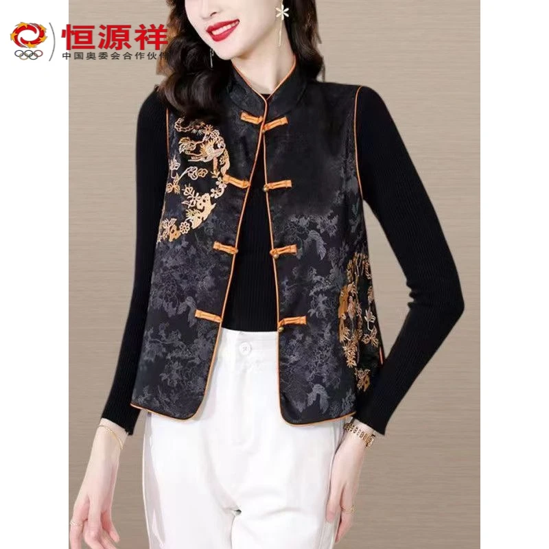 恒源祥集团春秋中国风妈妈装环形花环绣花中式复古民族风背心马甲