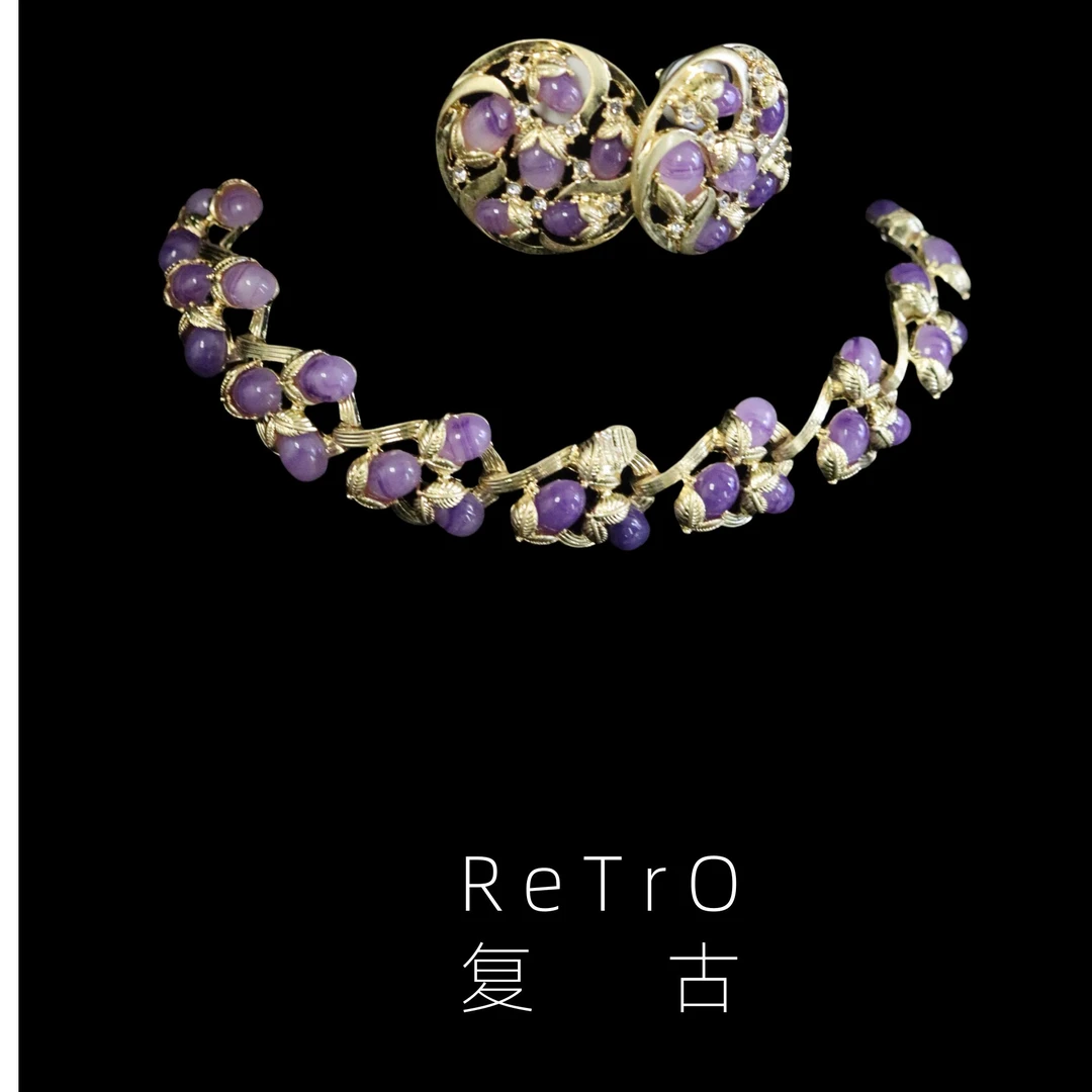 铜合金树脂项链 中古优雅轻奢花朵首饰套装 复古气质法式耳钉项链