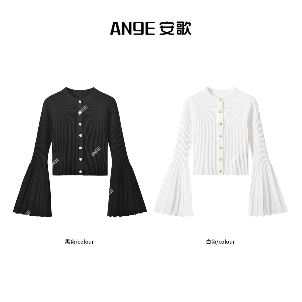 ANGE SUNNY【巴曼伞袖针织衫】黑白双色小香风气质长袖喇叭袖针织衫