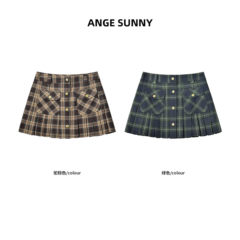 ANGE SUNNY【美式格纹百褶裙】时尚新款 双口袋绿色格纹百褶半裙