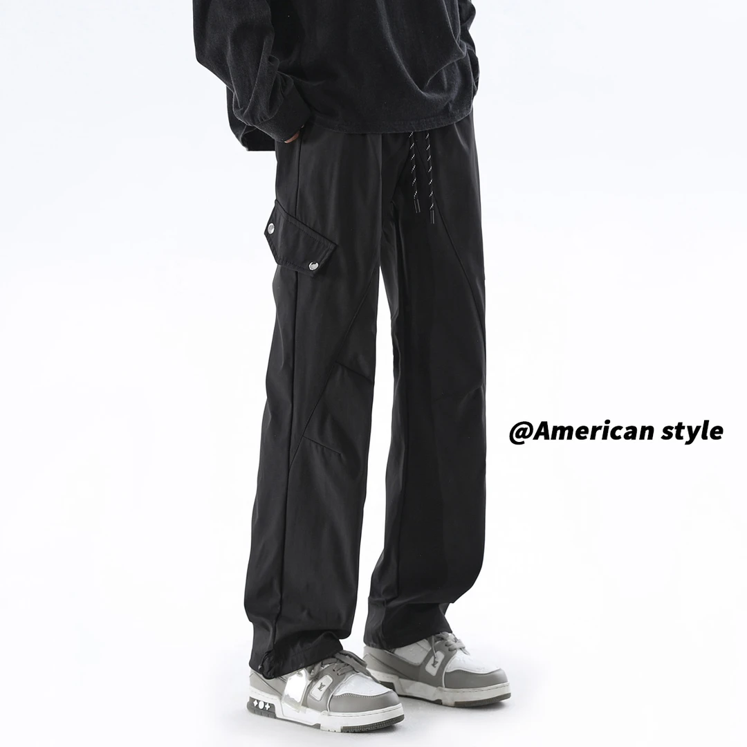 美式高街宽松直筒休闲裤男港风大码高腰工装长裤百搭弯刀裤设计感