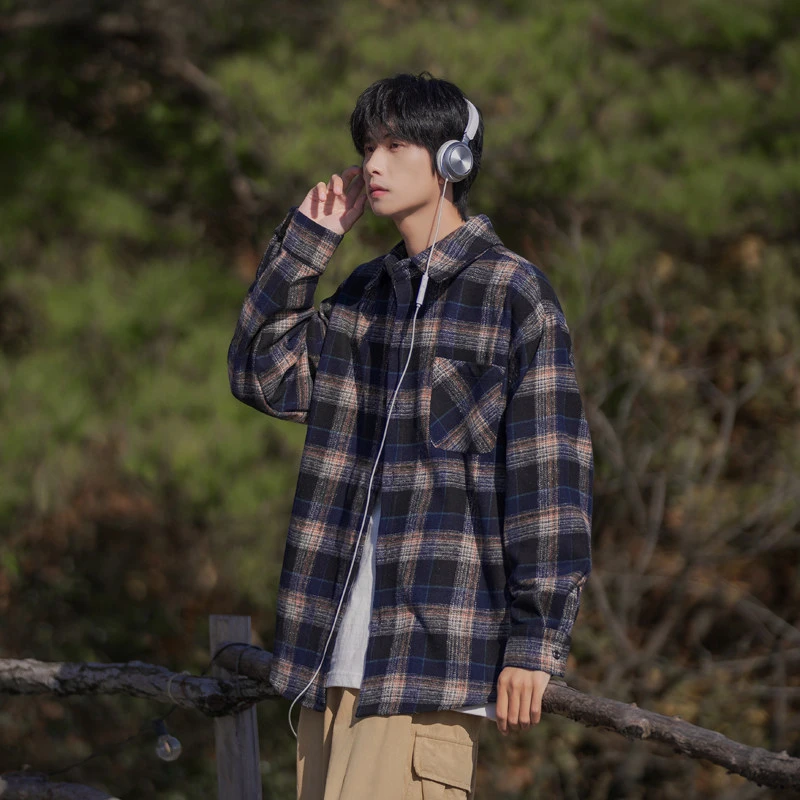 复古格子衬衫男士春秋外套日系休闲呢料衬衣港风潮流宽松百搭长袖