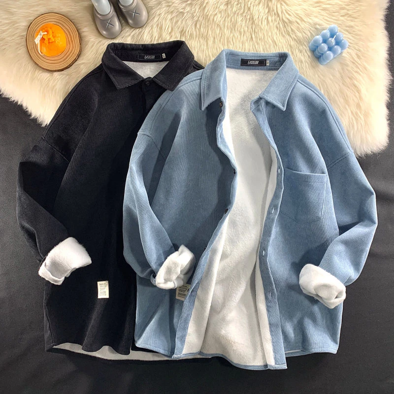 秋冬加绒加厚灯芯绒衬衫男士韩版潮流宽松上衣百搭休闲简约风外套