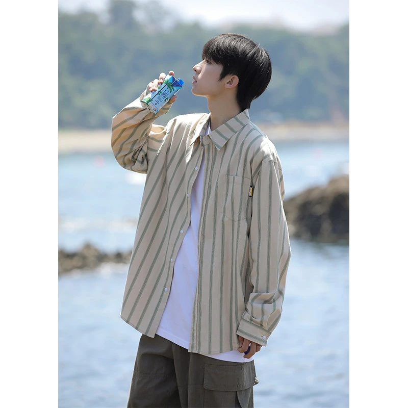 小众条纹衬衫男春秋痞帅气长袖日系休闲潮流宽松衬衣纯棉竖条外套