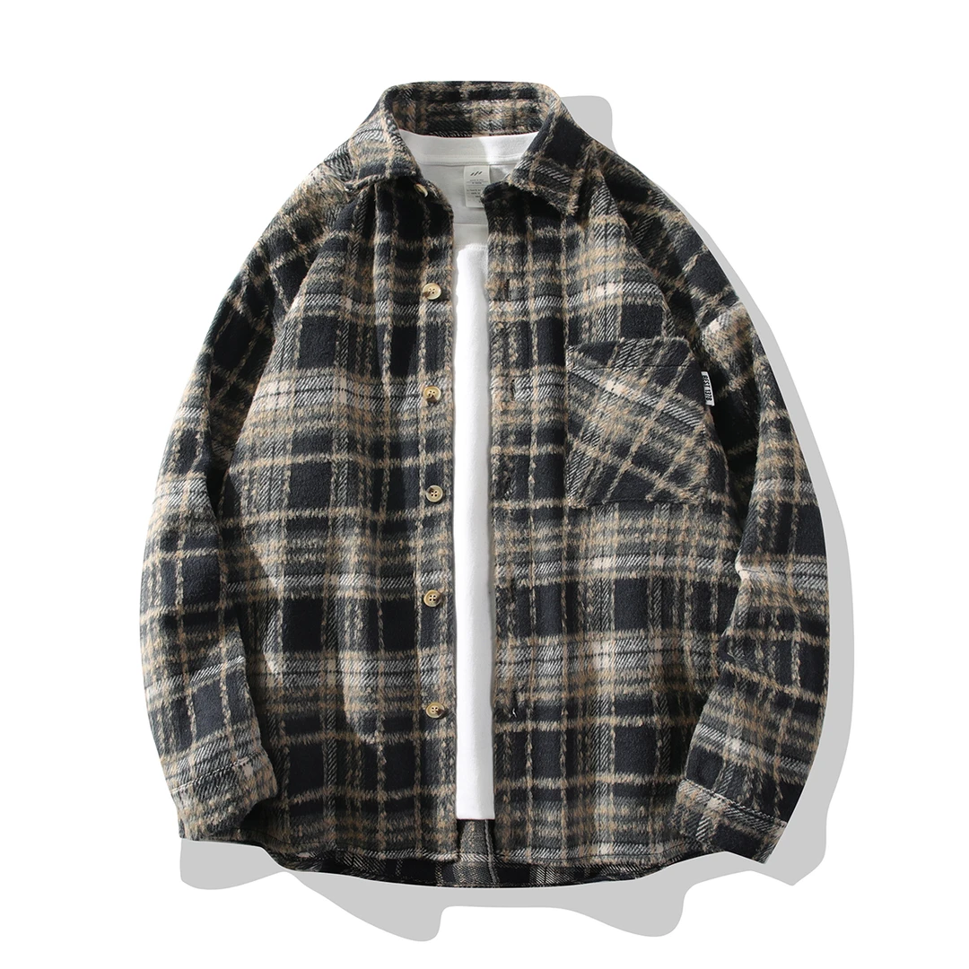 复古毛呢加厚格子衬衫男士高级感潮流百搭宽松衬衣美式重磅厚外套