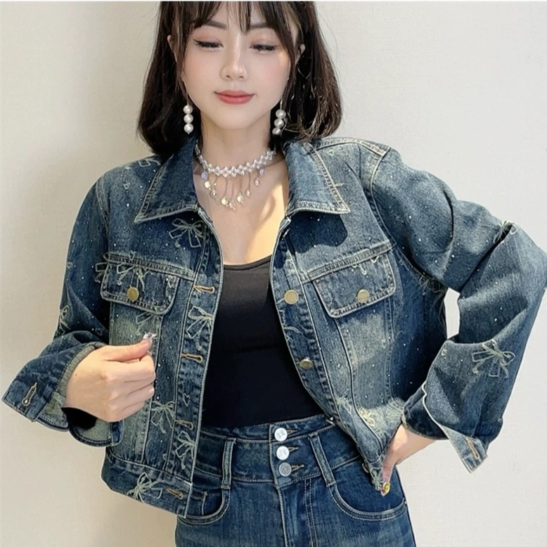 复古牛仔外套百搭蝴蝶结2025春秋季新款小个子高腰短款夹克上衣潮
