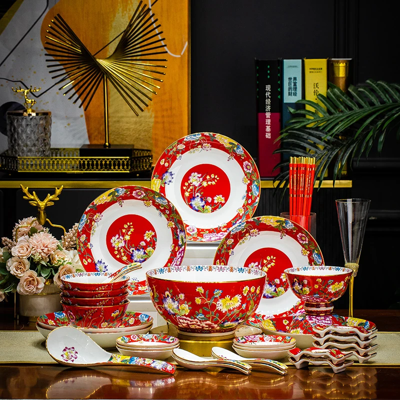 【虞美人38头礼盒套装】景德镇珐琅彩中式高档瓷餐具套装碗勺碟组合