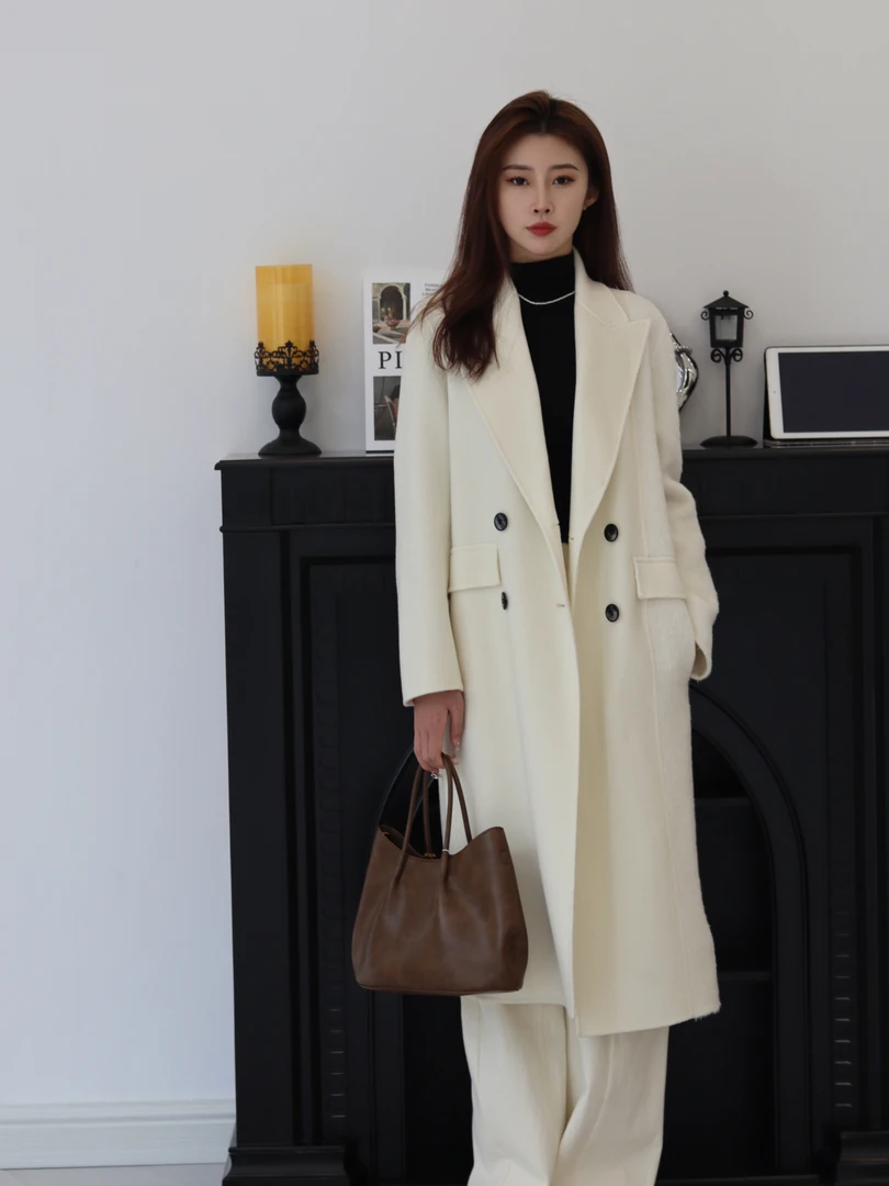 FASHION新店【清潭洞欧尼】米白加厚双面羊呢大衣加长西装系带外套