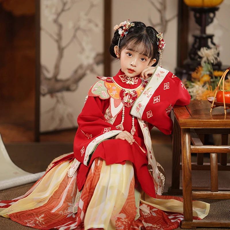 新款儿童高级汉服女童加绒加厚超仙明制云肩大袖唐装拜年演出服冬