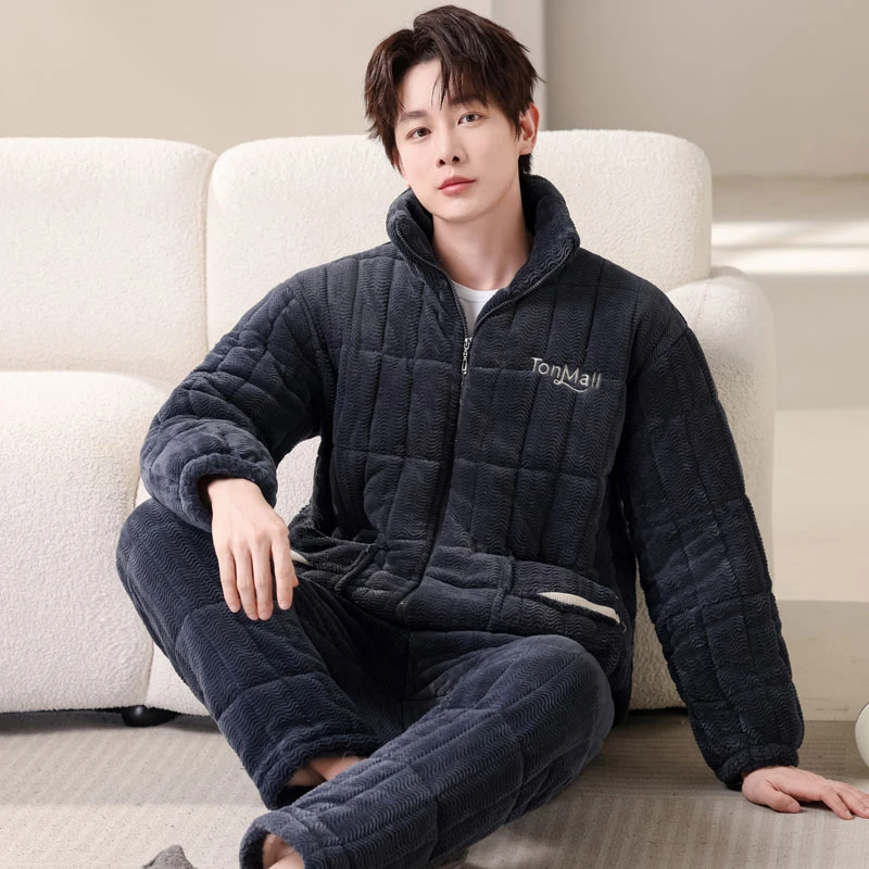 冬季夹棉睡衣三层加厚拉链款加绒法兰绒保暖成年男士家居服套装