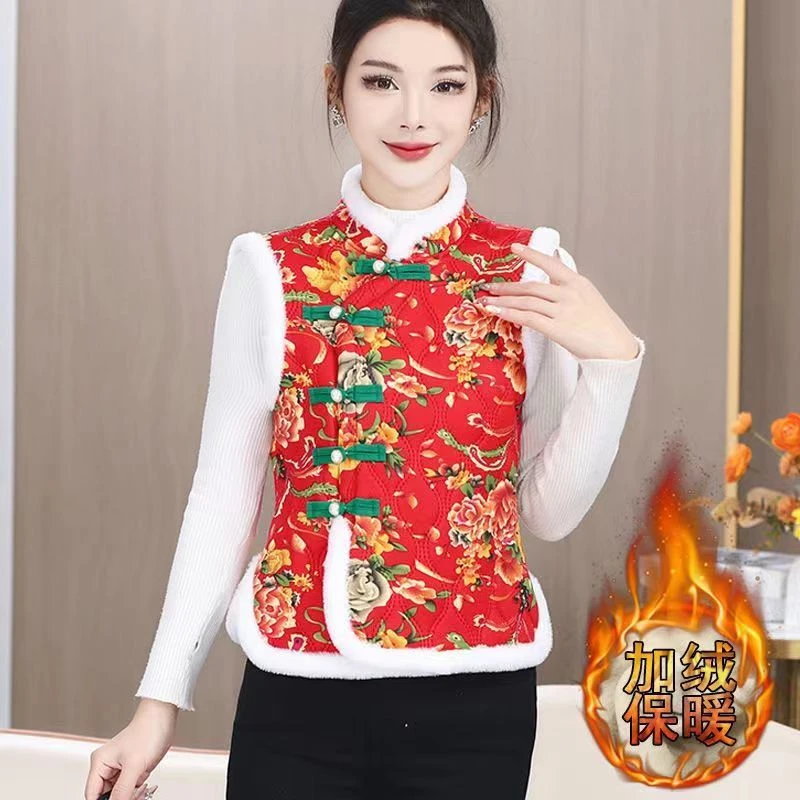 东北大花马甲中国风花棉袄盘扣民族风女装加绒加厚唐装过年坎肩冬