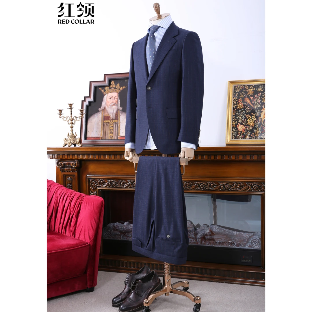 红领【量体定制】多美商务时尚蓝色男士西装正装修身气质西服套装