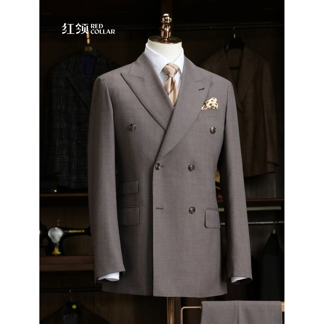 澳大利亚美利奴男士时尚修身套西定制西服职业正装双排扣灰色秋冬