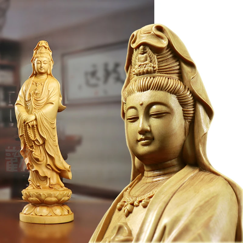 黄杨木雕刻工艺品（念珠观音菩萨）家居客厅摆件实木精工细雕多尺寸