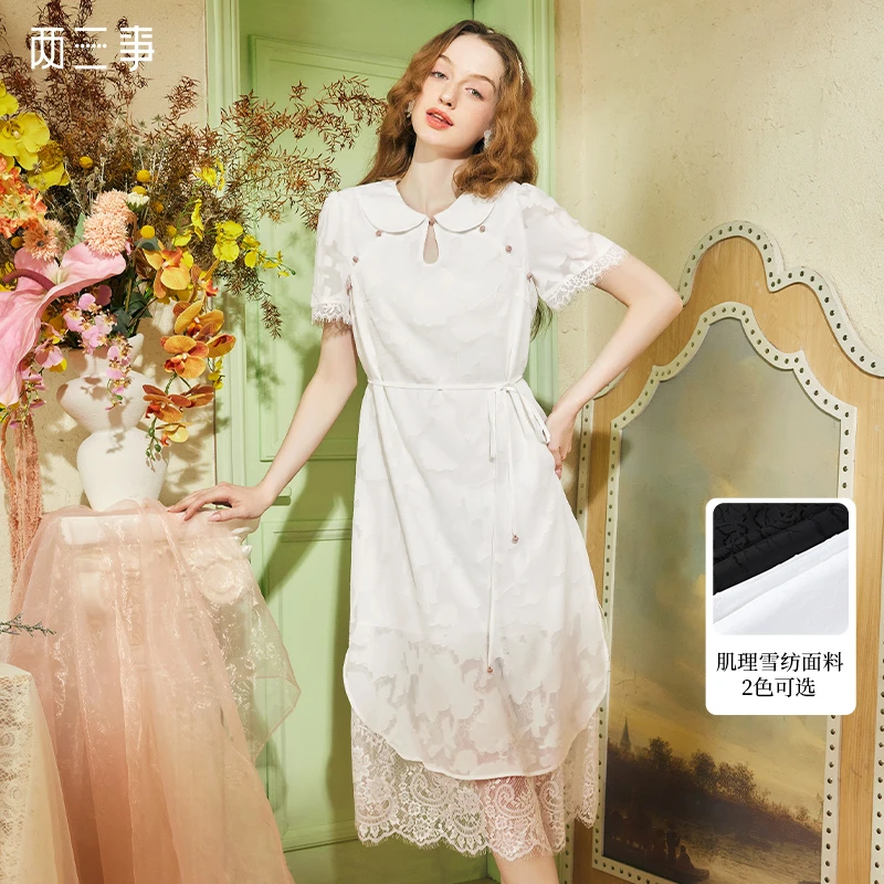 两三事 玉容清影 新中式蕾丝拼接翻领连衣裙