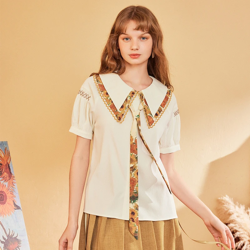 两三事梵高文艺 梵梦流年 2024夏季新款印花拼接双层领绑带衬衫女