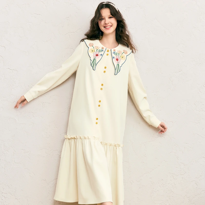 两三事想象之花尖角翻领木耳边拼接连衣裙