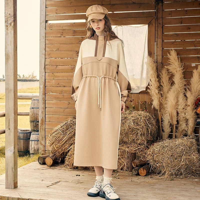 【芋总专属】 沙丘落日 冬季休闲拼色串珠抽绳连帽卫衣裙连衣裙