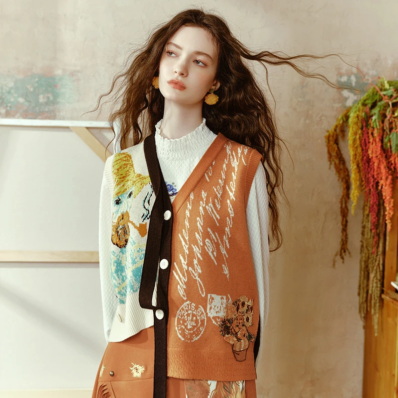 两三事梵高文艺梵花拾忆绣花不对称无袖针织开衫