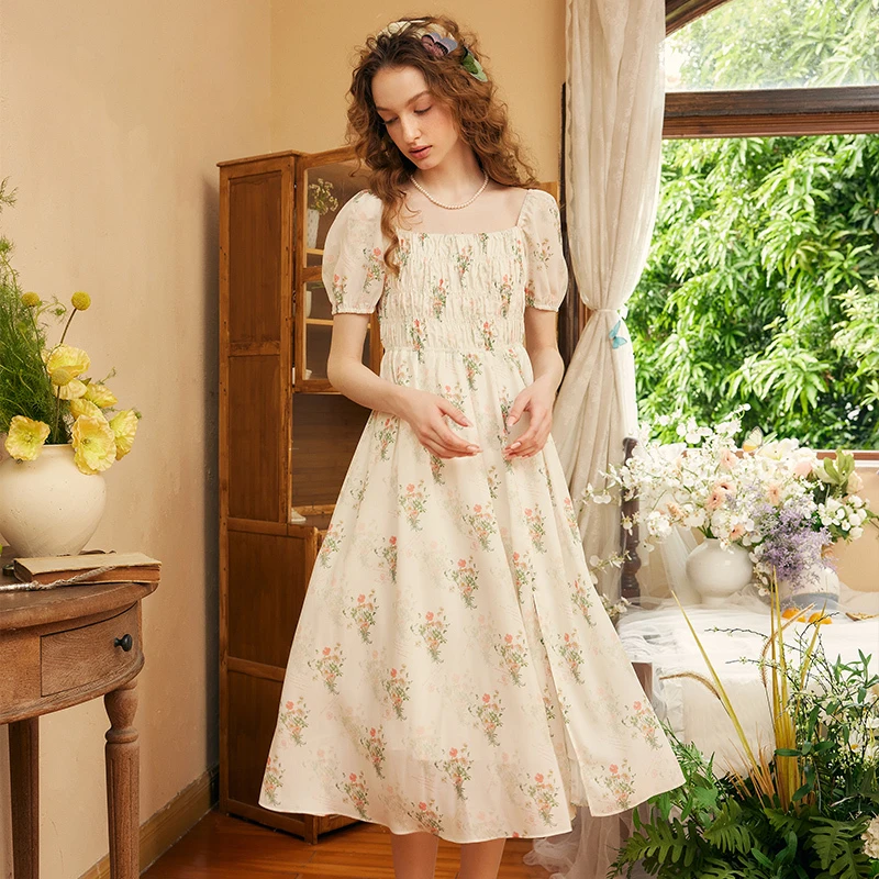 梵高文艺淌香花墙小清新碎花连衣裙S24XLY230