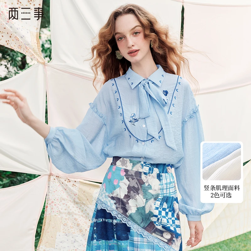 两三事 玫瑰信笺甜美绣花灯笼袖绑带雪纺衫S24XLS593