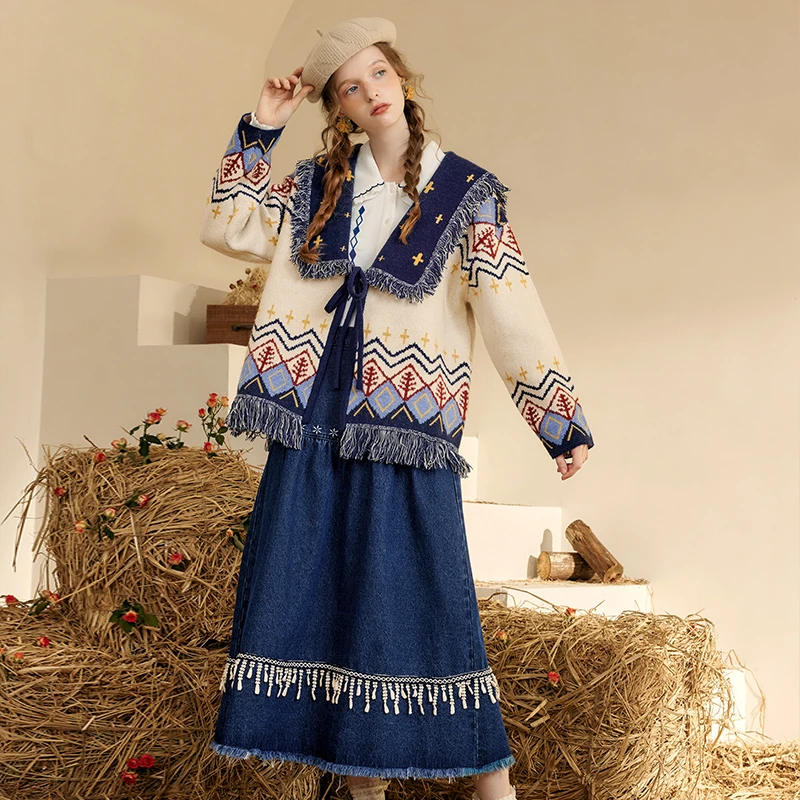 【芋总专属】两三事塞北风絮流苏海军领绑带费尔岛毛衣外套