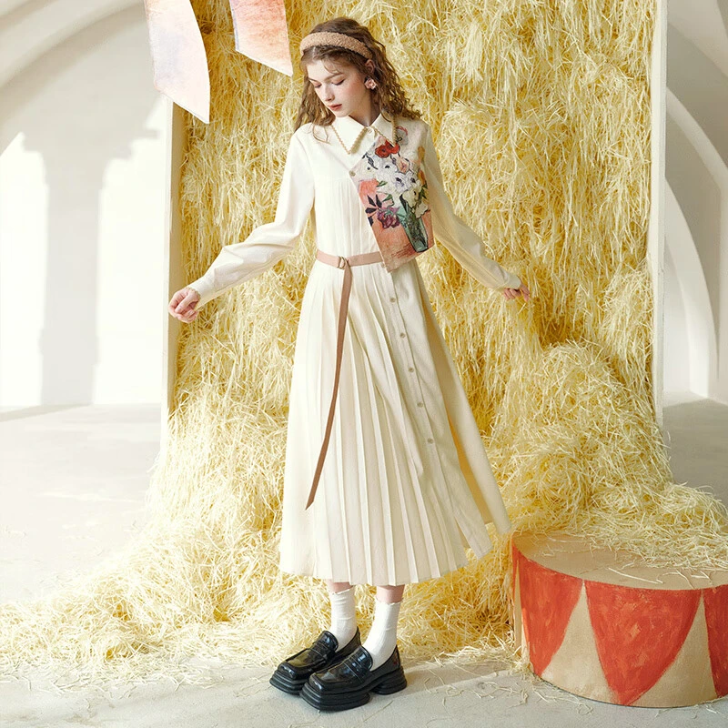 两三事梵高文艺 诸神艺境油画印花布拼接假两件连衣裙