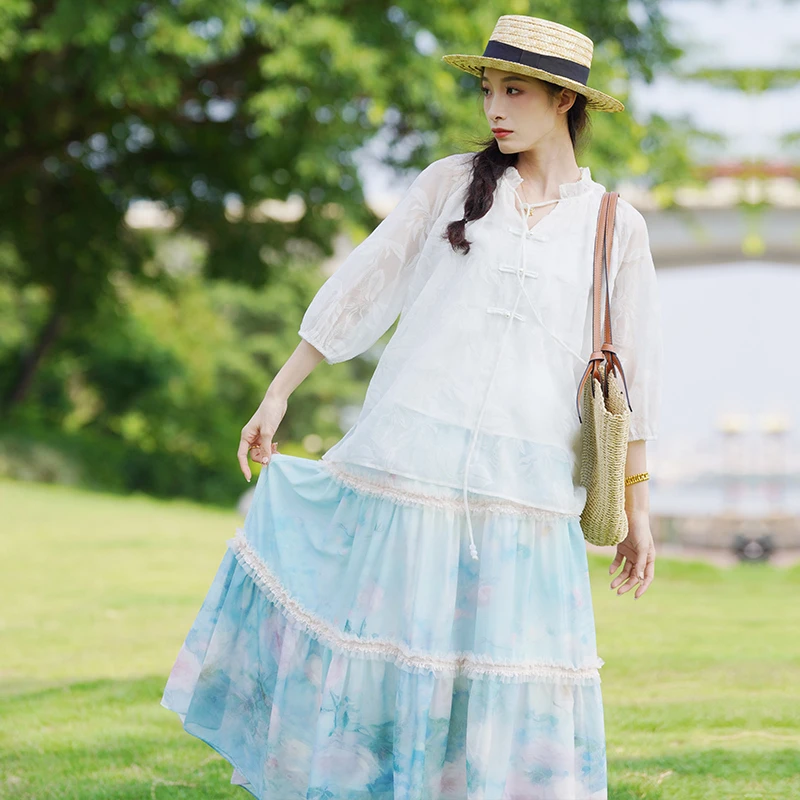 【黄蓉专属】 梦回莫奈夏季复古油画印花蕾丝拼接高腰S24XKB278