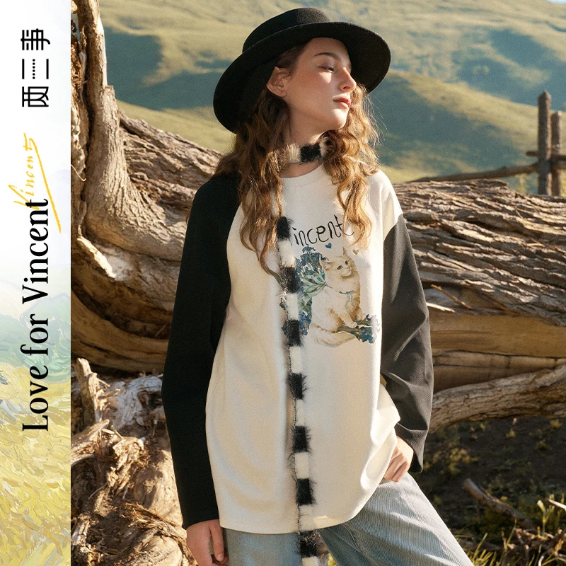 两三事梵高文艺猫布奇诺 印花不对称拼色长袖t恤S24QT508