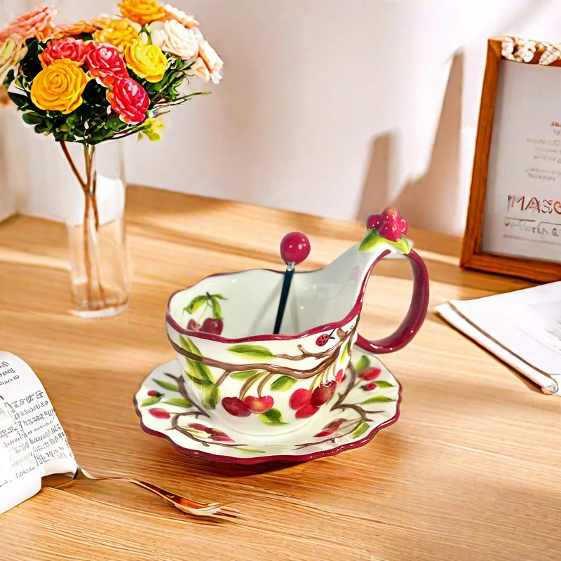 樱桃曲把杯手绘釉下彩家用牛奶早餐杯