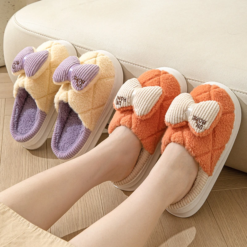 2023女新款拼色蝴蝶结冬季居家外穿厚底防滑毛绒保暖网红棉拖鞋