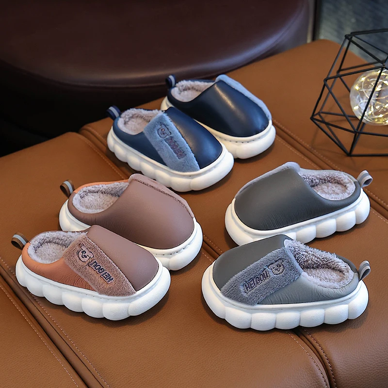 亲子棉拖鞋pu皮防水软底毛绒加厚加绒防滑保暖男女童冬季居家