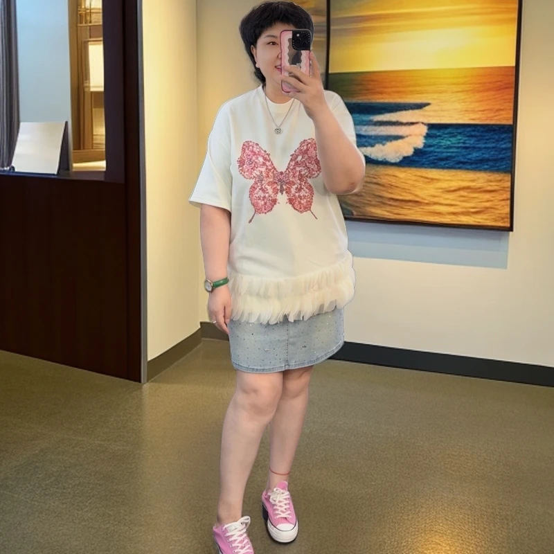 KL-MIXI/18301 杏色重工蝴蝶钉珠下摆花边T恤潮流休闲