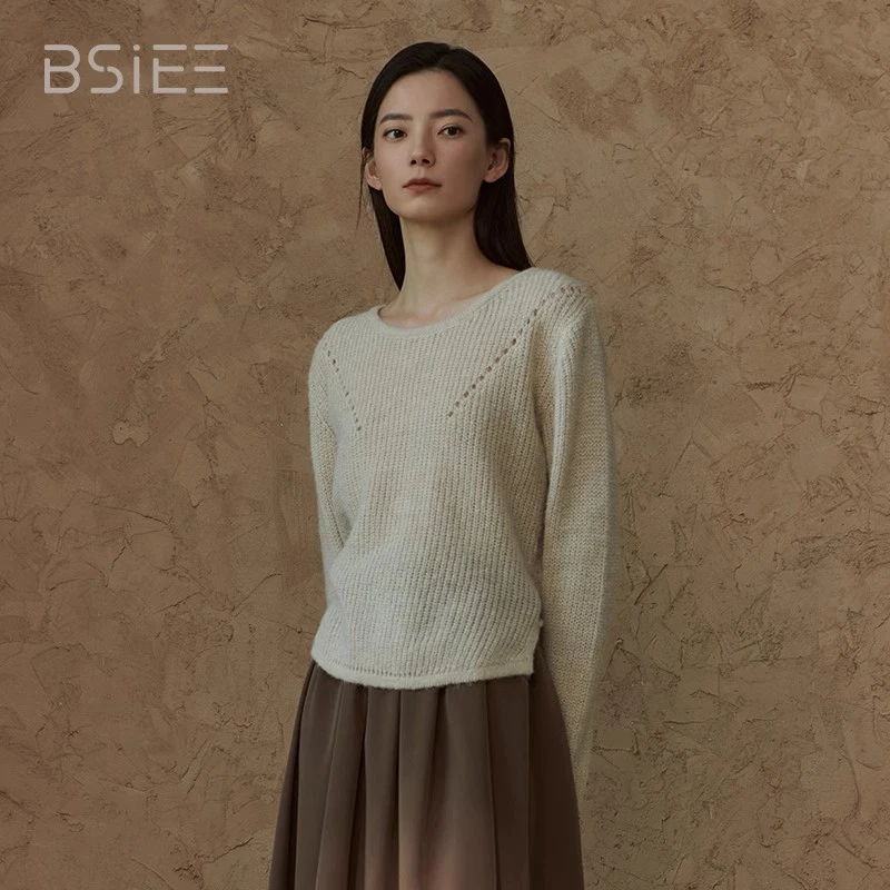BSiEE本涩后绑带圆领毛衣2024年早秋新品慵懒高级感百搭针织衫女