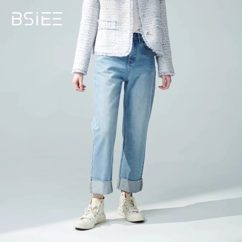 BSiEE本涩春夏季新品高腰显瘦贴标女士拼色口袋牛仔直筒裤