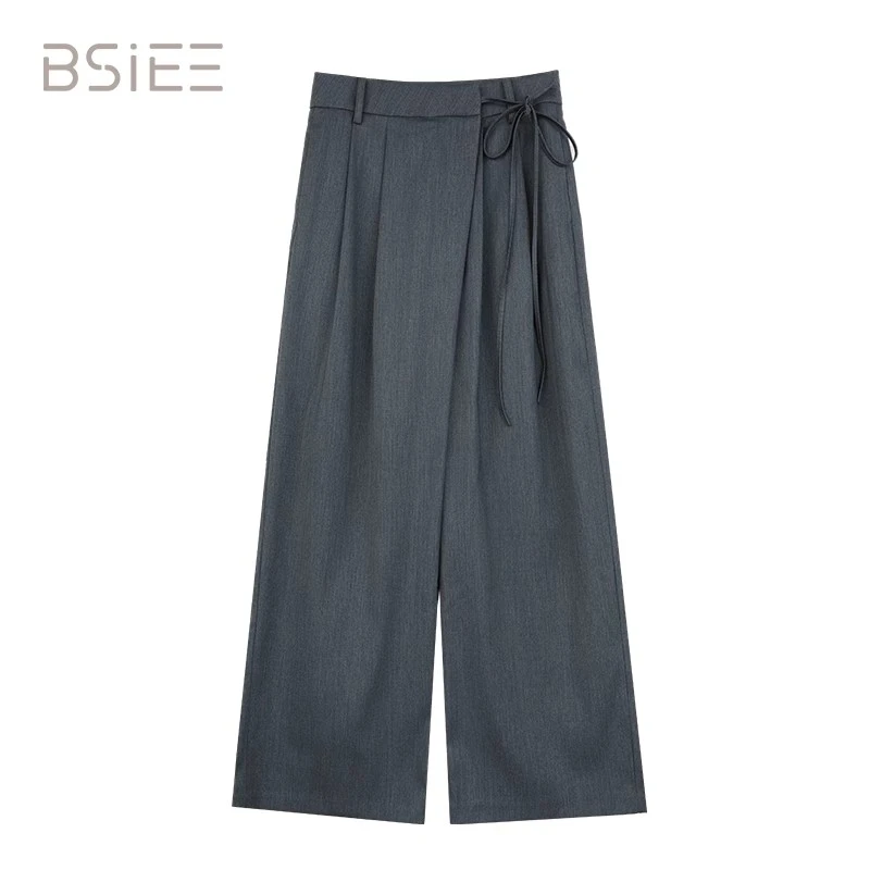 BSiEE本涩中腰系带阔腿西装秋季新品高腰垂感不规则休闲裤新中式