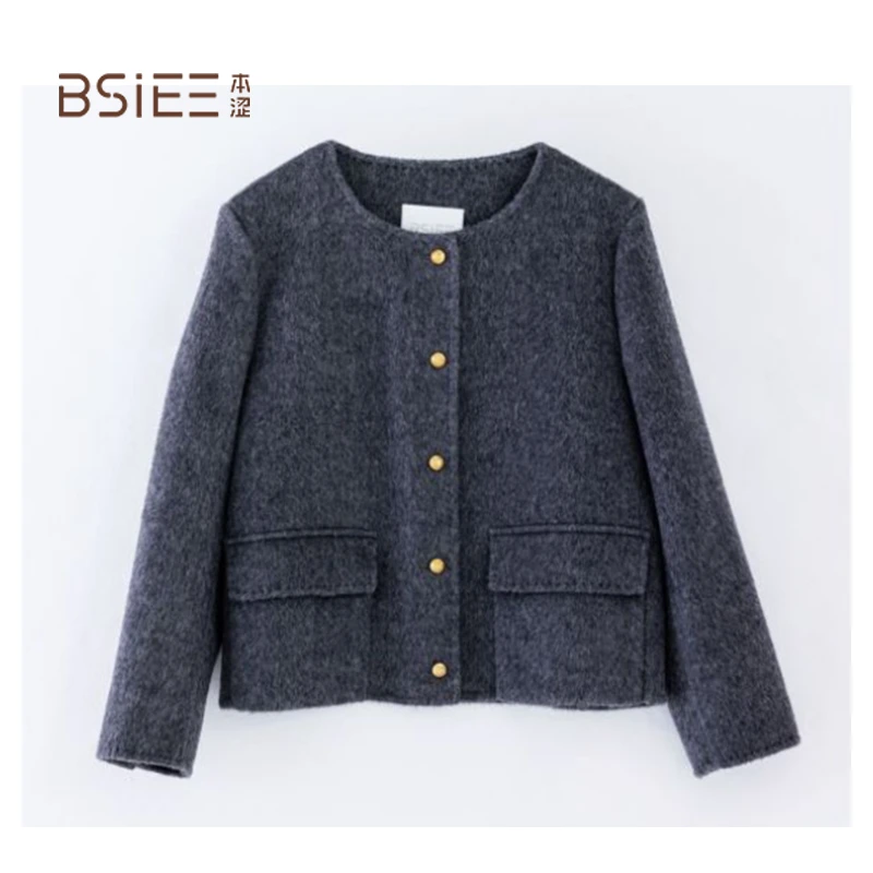 BSIEE本涩毛呢大衣小个子短款大衣纯色简约秋冬双面呢小香风气质