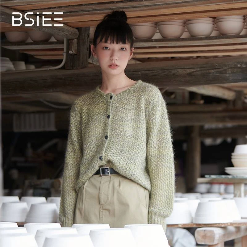 BSIEE/本涩花纱圆领毛衣开衫女清新系减龄百搭早秋季新品针织衫
