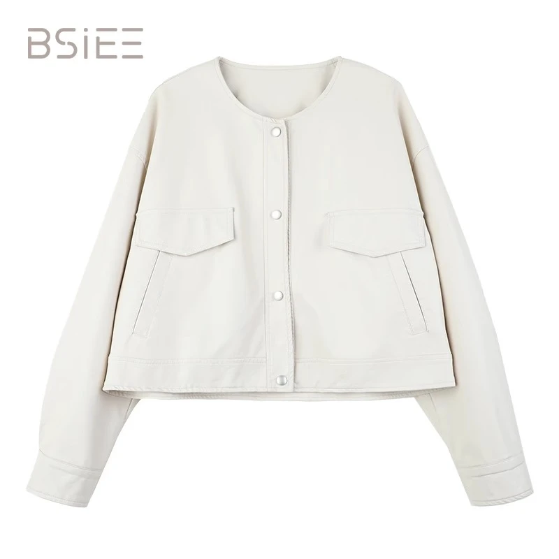 BSIEE/本涩领口袋皮衣女气质通勤时尚春季热销新品短款舒适上衣